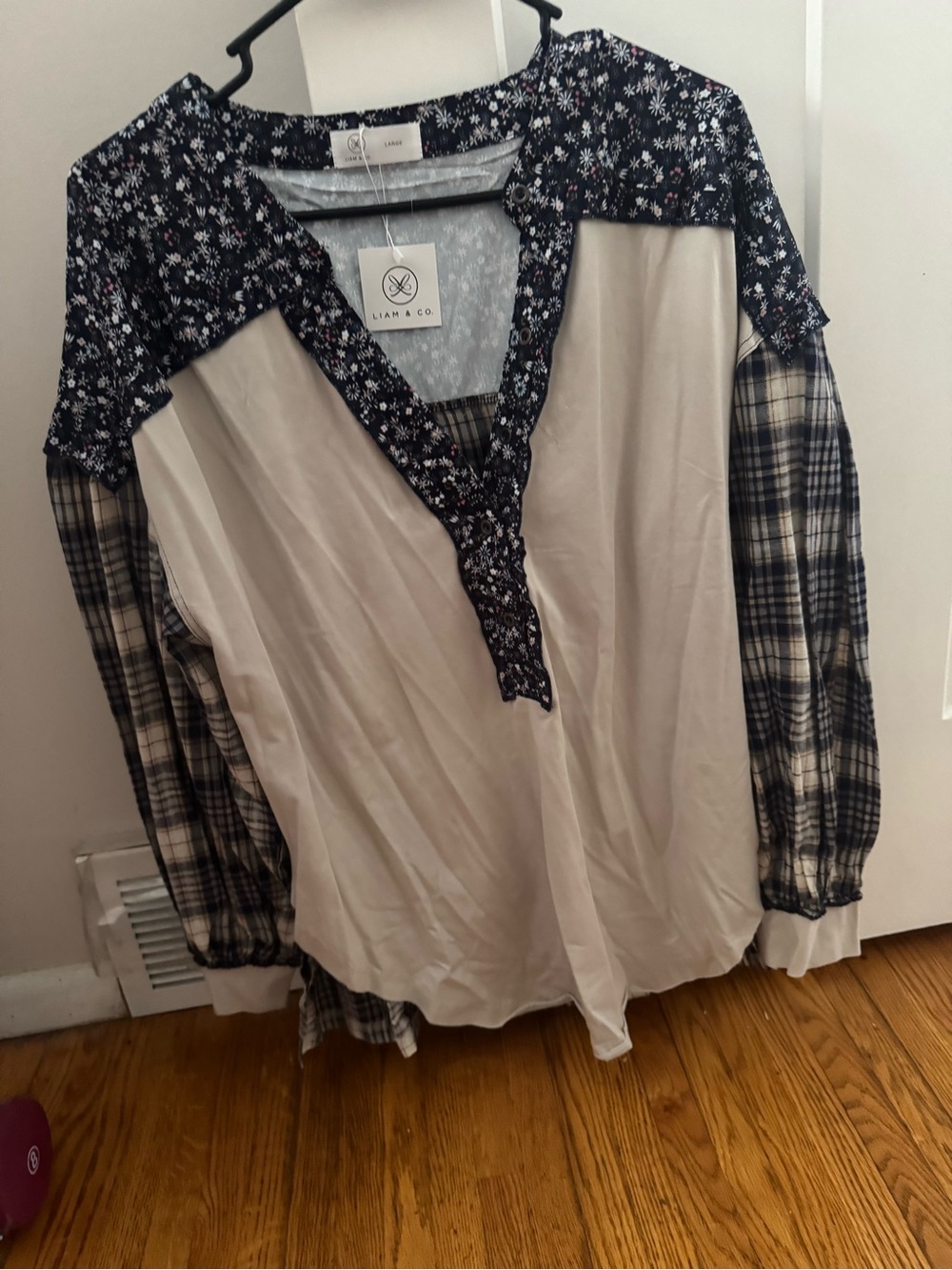 Cream and Navy Mixed-Print Women’s Blouse